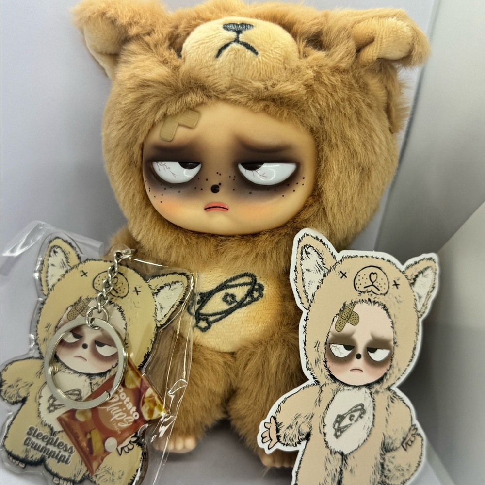 Sleepless Grumpipi Brown Plush Toy with Keychain and Sticker